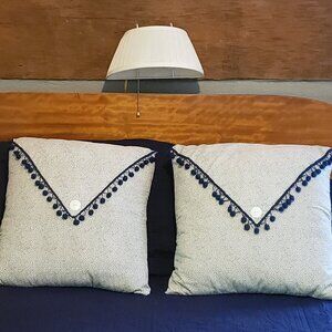 Set 2 Handmade 17" Square Flap Navy~White Accent Pillows Flap w/Navy Balls Trim